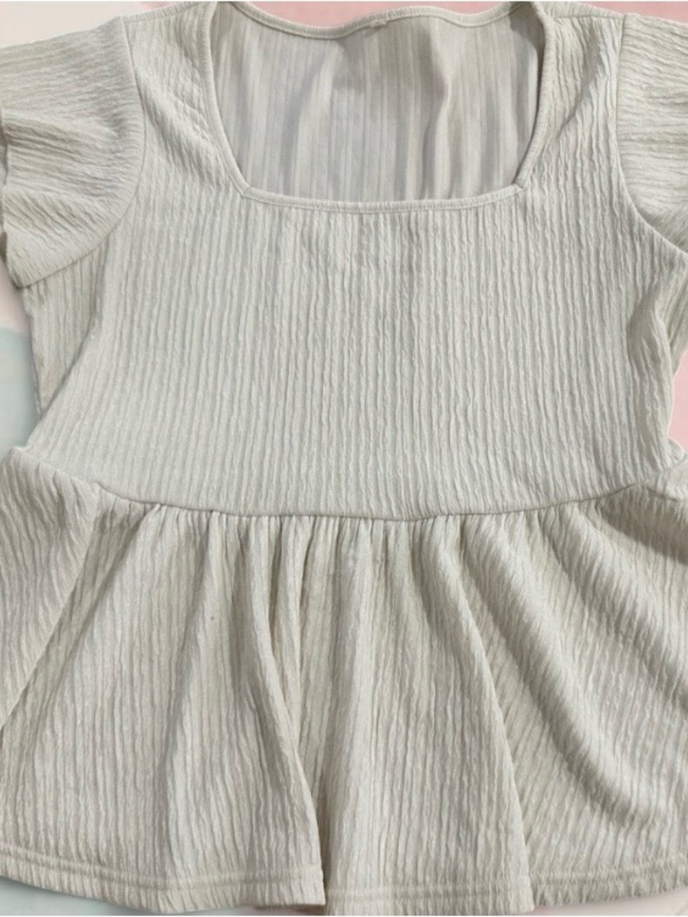 Womens' Cream Textured Peplum Top - Soft Short Sleeve